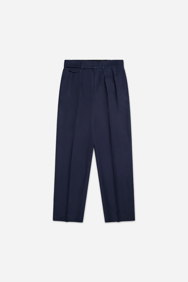 Belted Pleated Linen Pants Navy