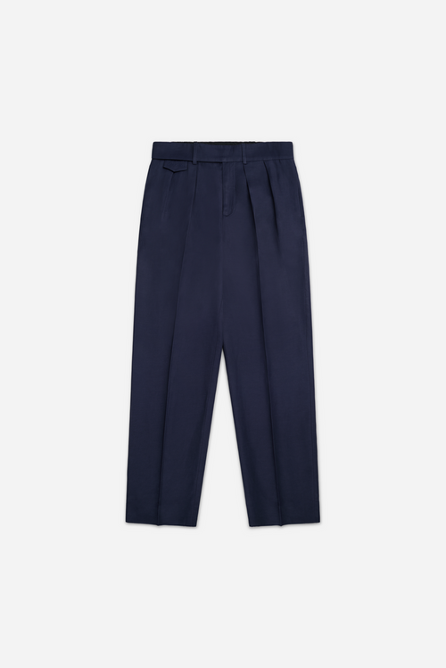 Belted Pleated Linen Pants Navy