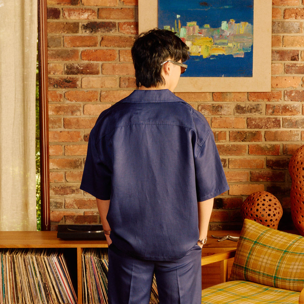 Belted Pleated Linen Pants Navy