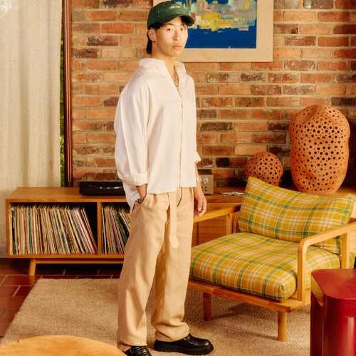 Belted Pleated Linen Pants Beige