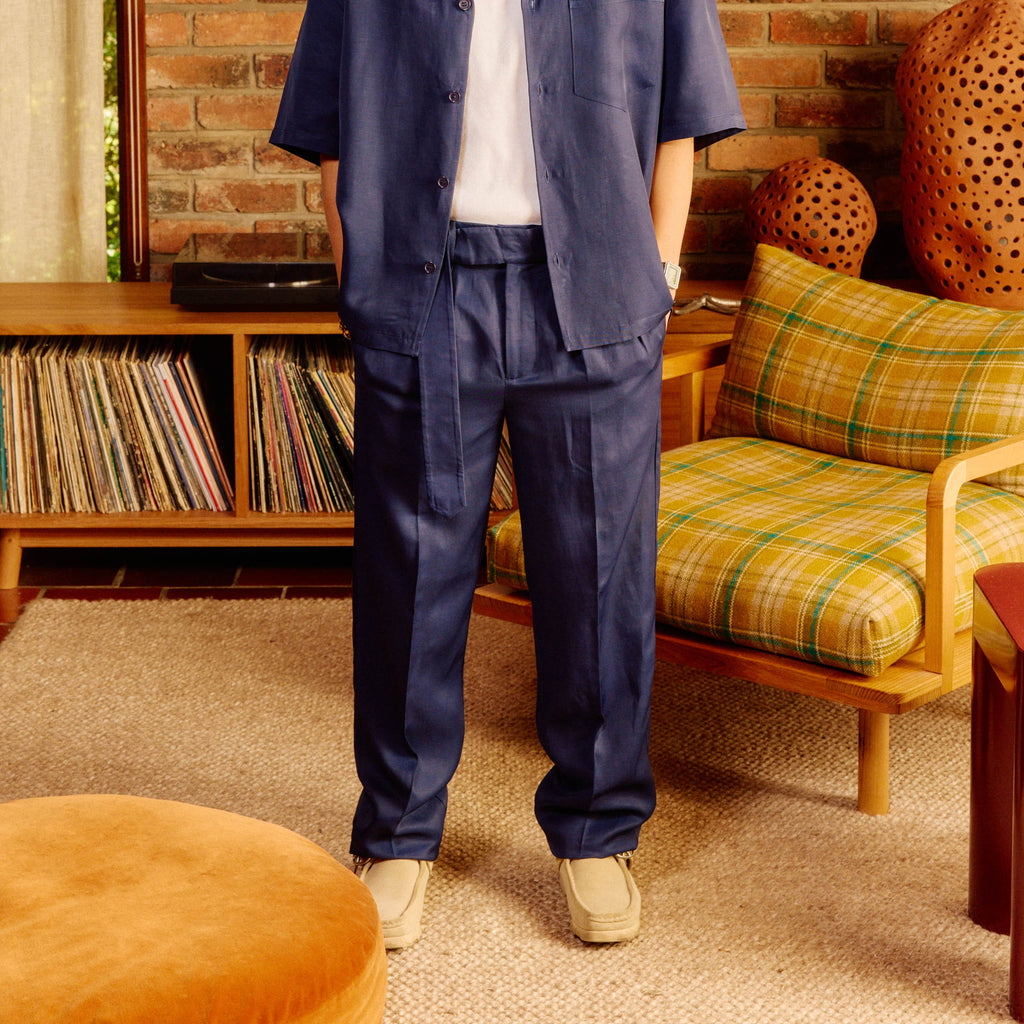 Belted Pleated Linen Pants Navy